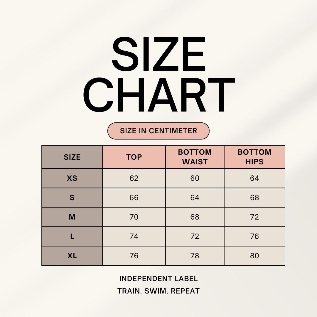 Beige and pink apparel size chart with top, waist, and hip measurements in centimeters.